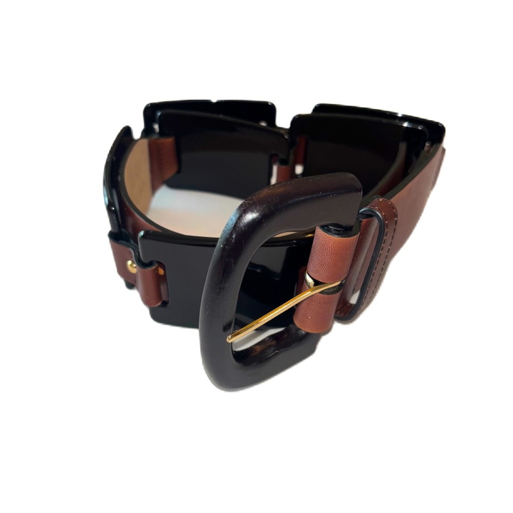 Ann Taylor Brown Leather Belt with Black Acrylic Links Size Large